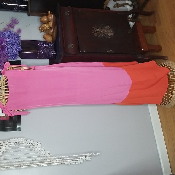 Mud Pie Medium Pink and Orange Shoulder Tie Swimsuit Cover Up Dress - Picture 3 of 9